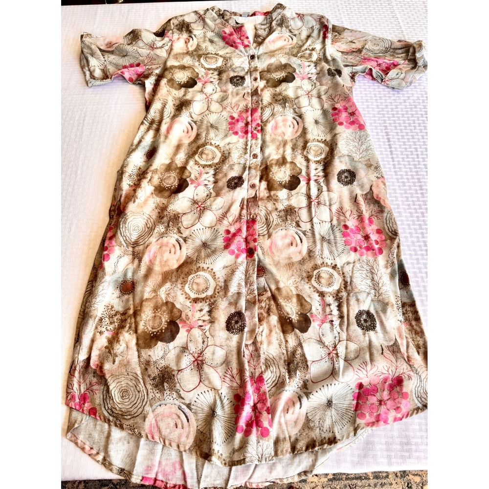 Taruni Boho Floral Linen Button Front Dress Plus Size 5XL Pink Brown Botanical